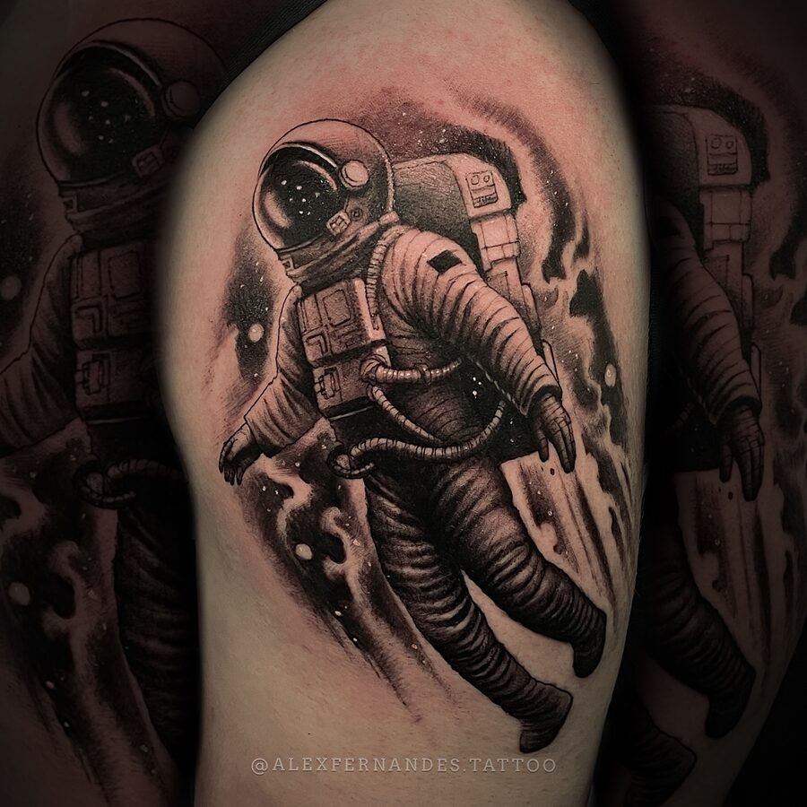Black and grey astronaut realism tattoo by Alex Fernandes