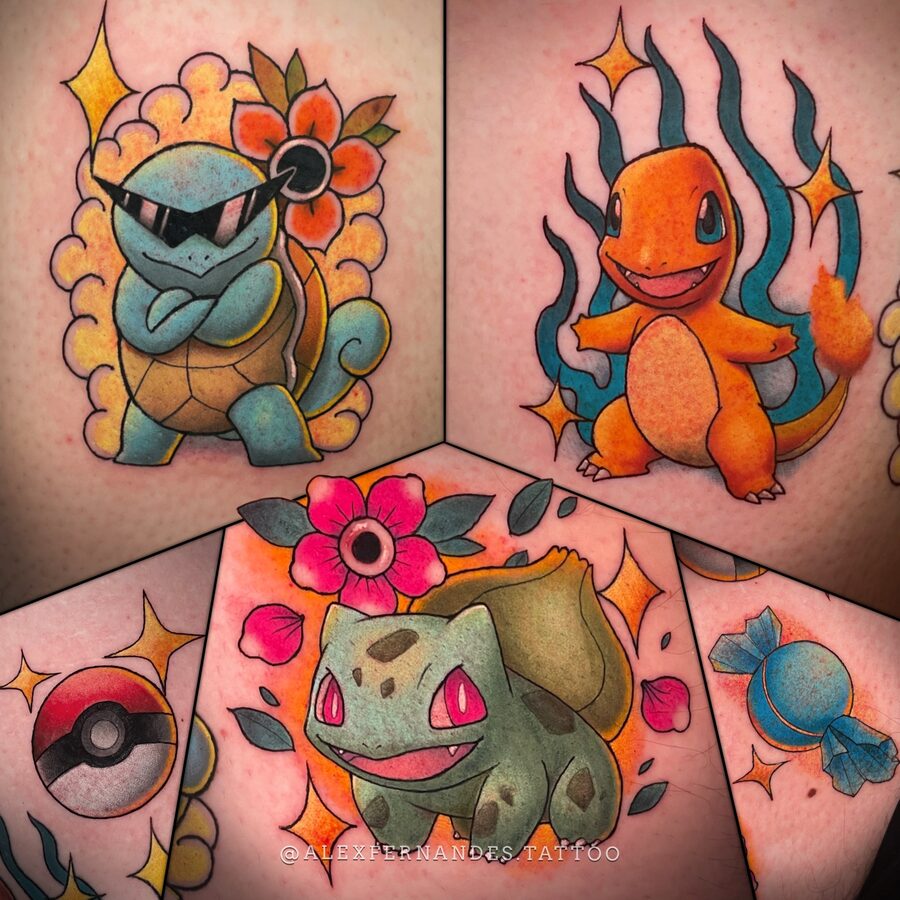 Colour neo-traditional Pokemon tattoos by Alex Fernandes