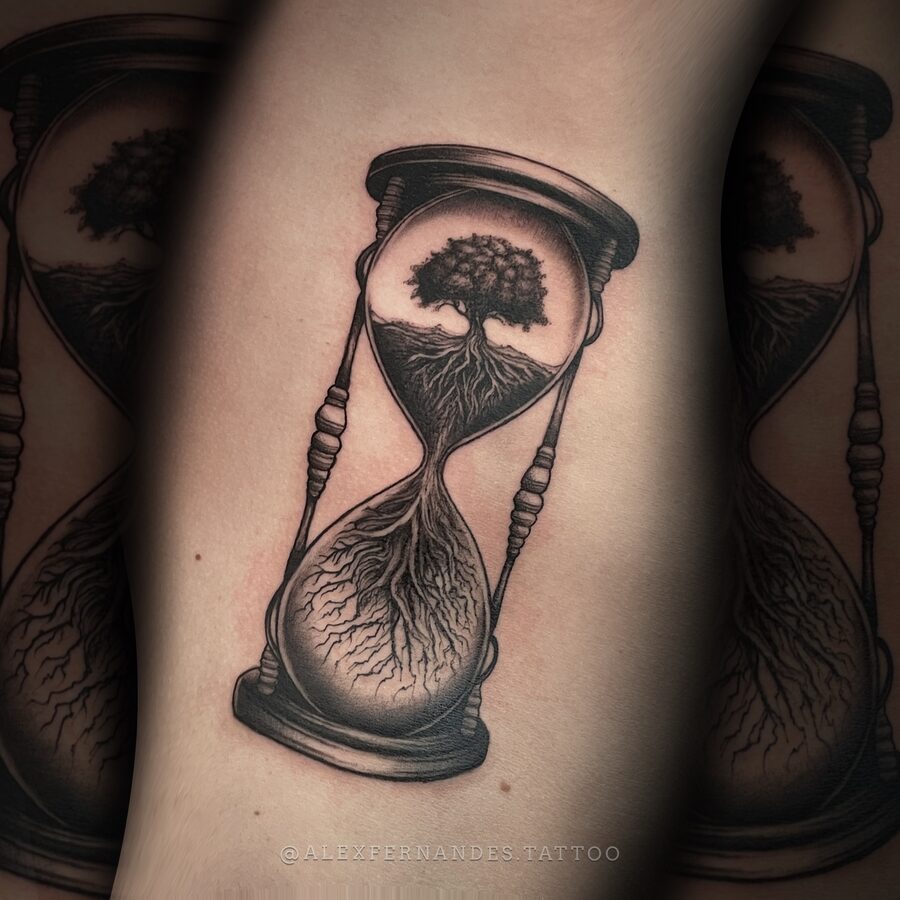 Black and grey hourglass and tree of life tattoo by Alex Fernandes