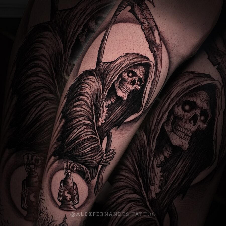 Dark reaper with lantern tattoo by Alex Fernandes